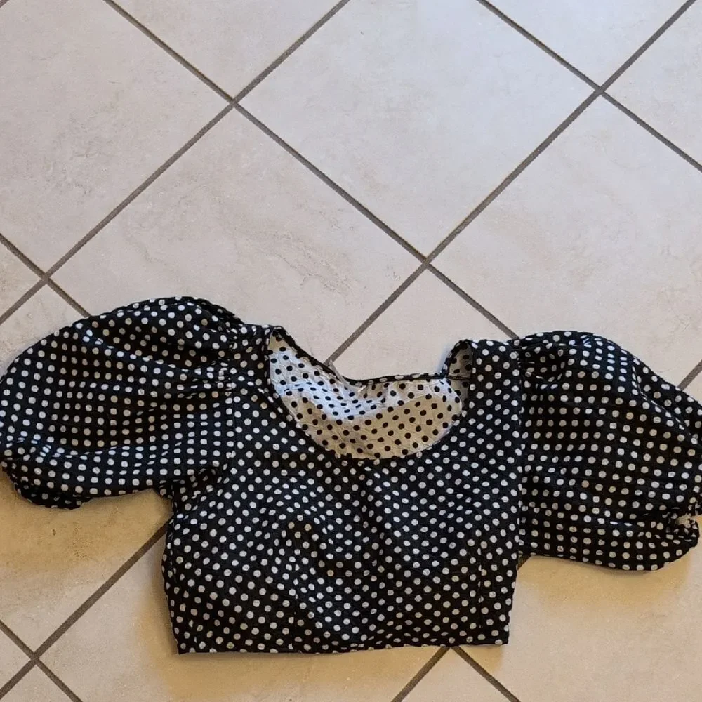 Free People Polka Puff Sleeve Crop Top Black White Size 10 - Picture 2 of 12